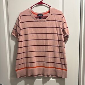 Lands' End Pink & Purple Striped Short Sleeve Knit Top with Orange Hem